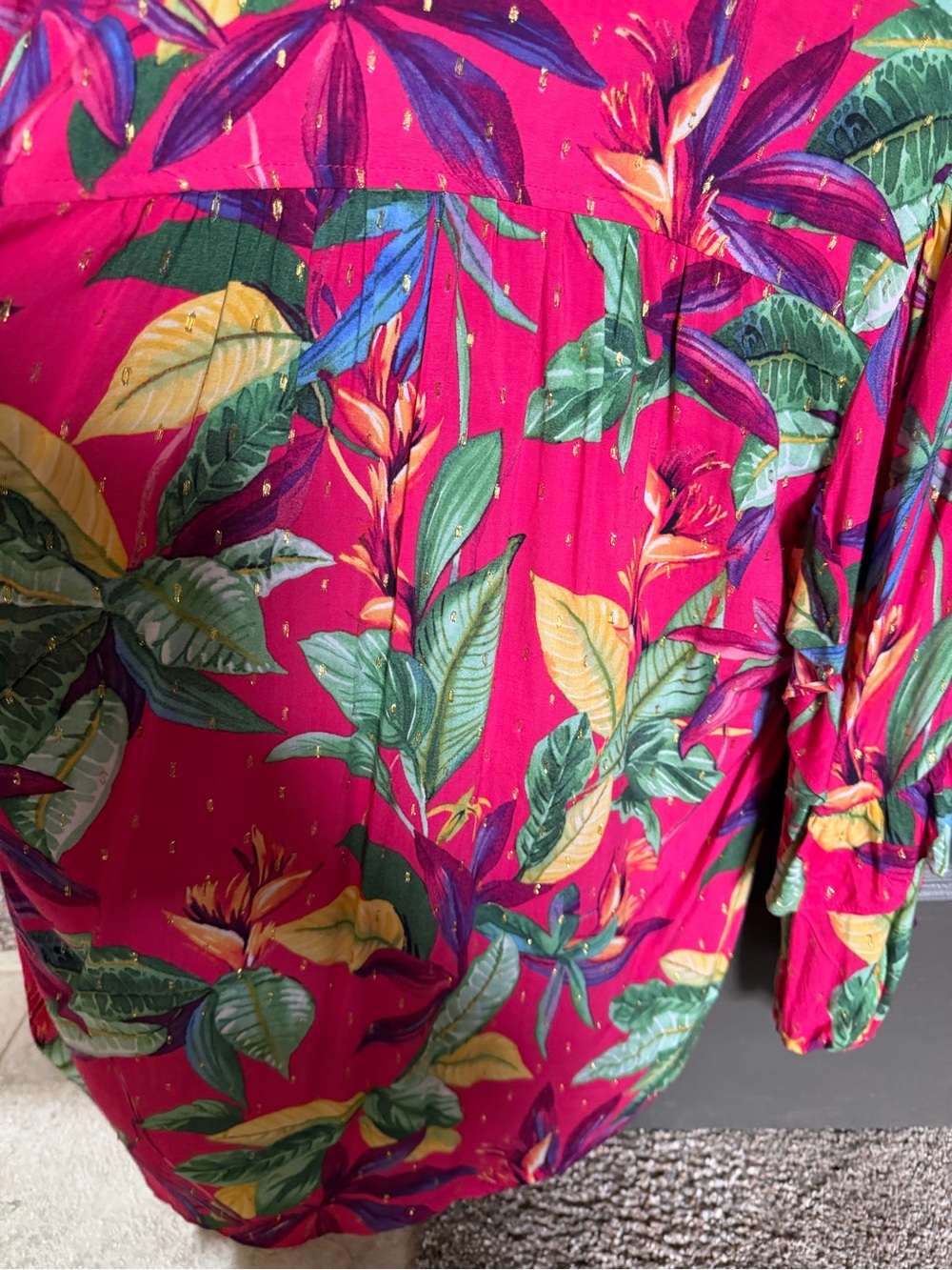 Chico's Fuchsia Tropical Leaf Tassel Blouse - Picture 8 of 12